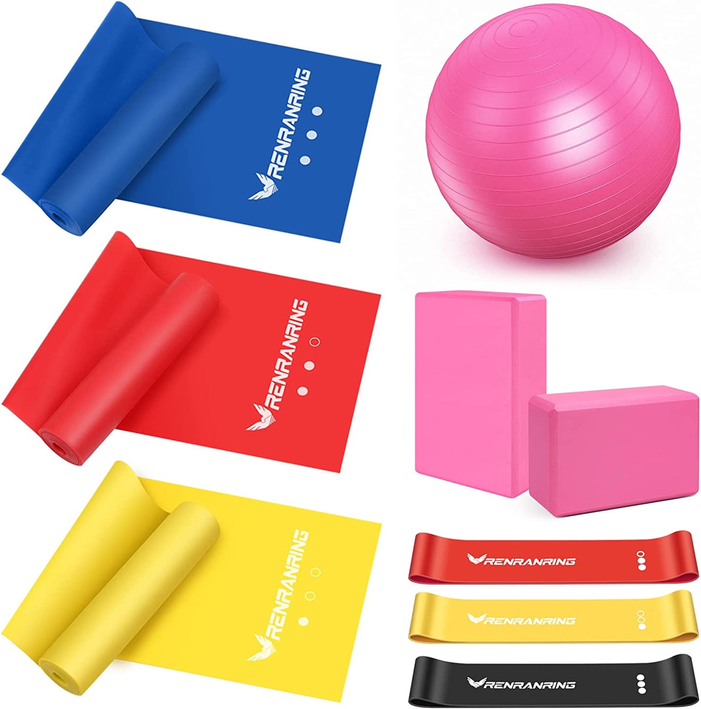 RENRANRING Exercise Ball for Yoga - 11-In-1 Yoga Ball Set with Resistance Bands, Yoga Block, Pump, Workout Balls for Exercise, Stability, Office Ball Chair, Home & Gyms (Pink)
