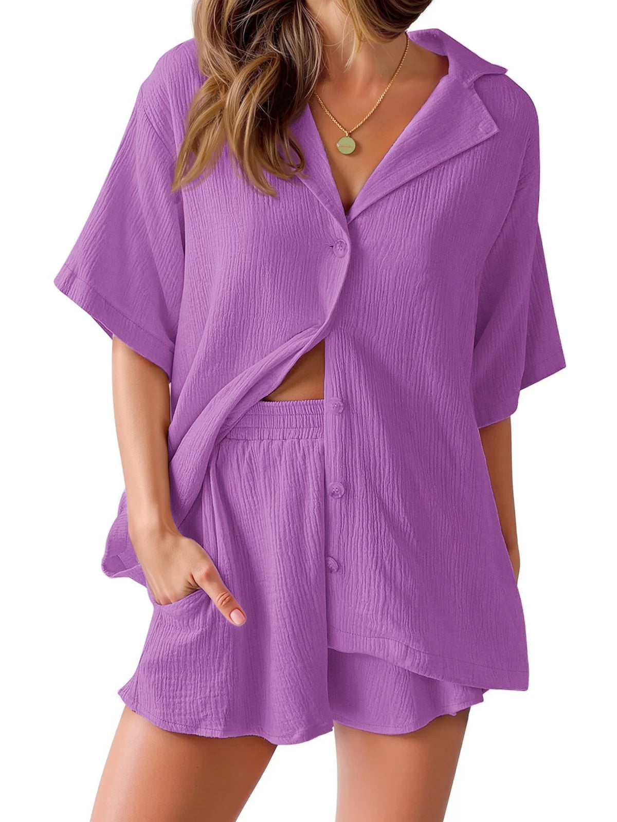 2 Piece Womens Outfit Sets Button down Shirts and Shorts Casual Lounge Sets Short Sleeve Pajamas Sets Summer Loungewear