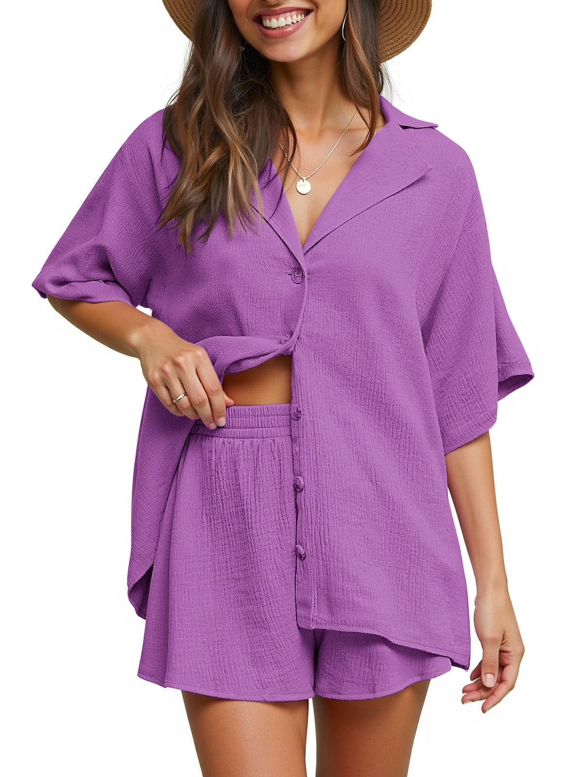 2 Piece Womens Outfit Sets Button down Shirts and Shorts Casual Lounge Sets Short Sleeve Pajamas Sets Summer Loungewear