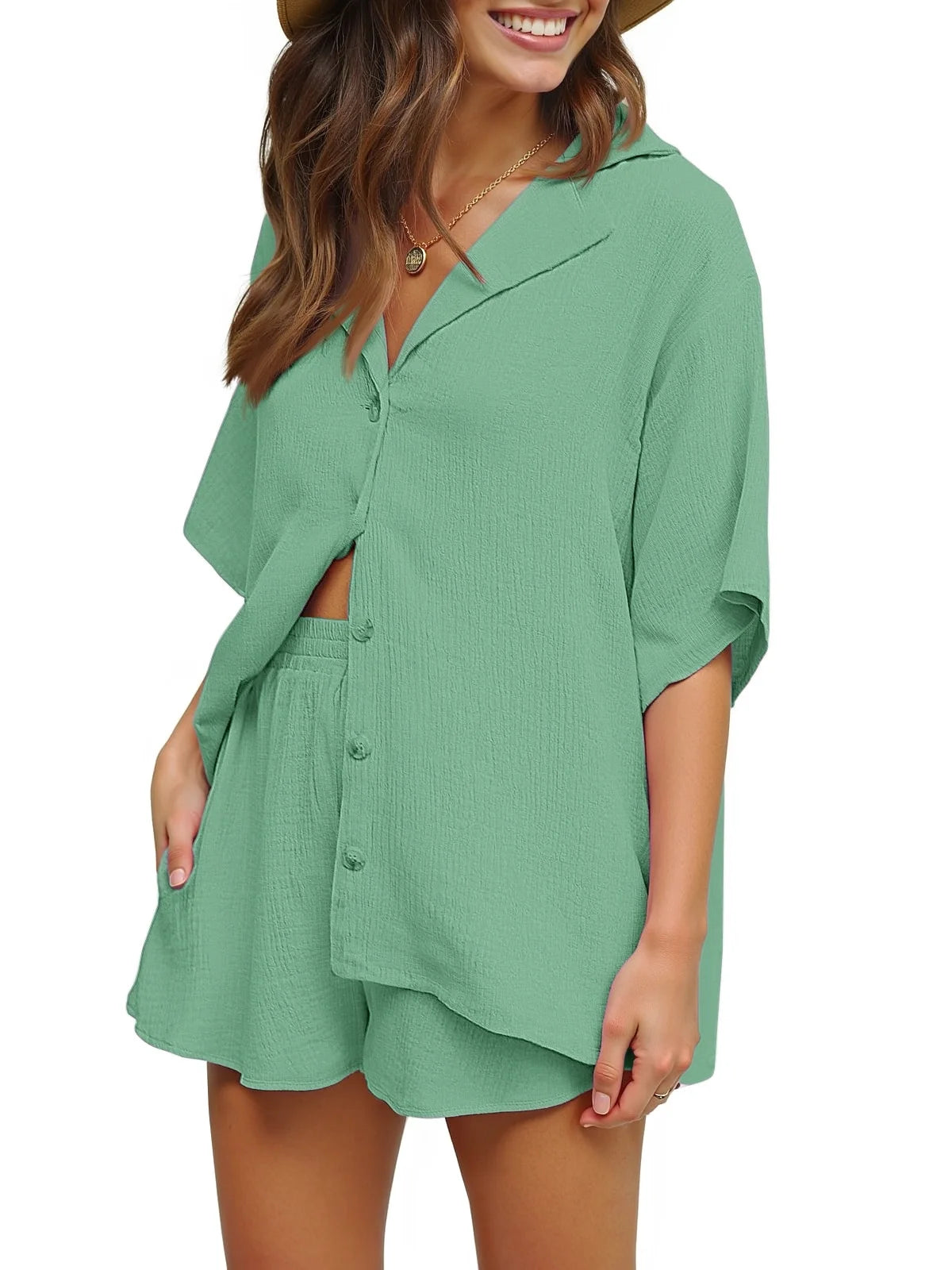 2 Piece Womens Outfit Sets Button down Shirts and Shorts Casual Lounge Sets Short Sleeve Pajamas Sets Summer Loungewear