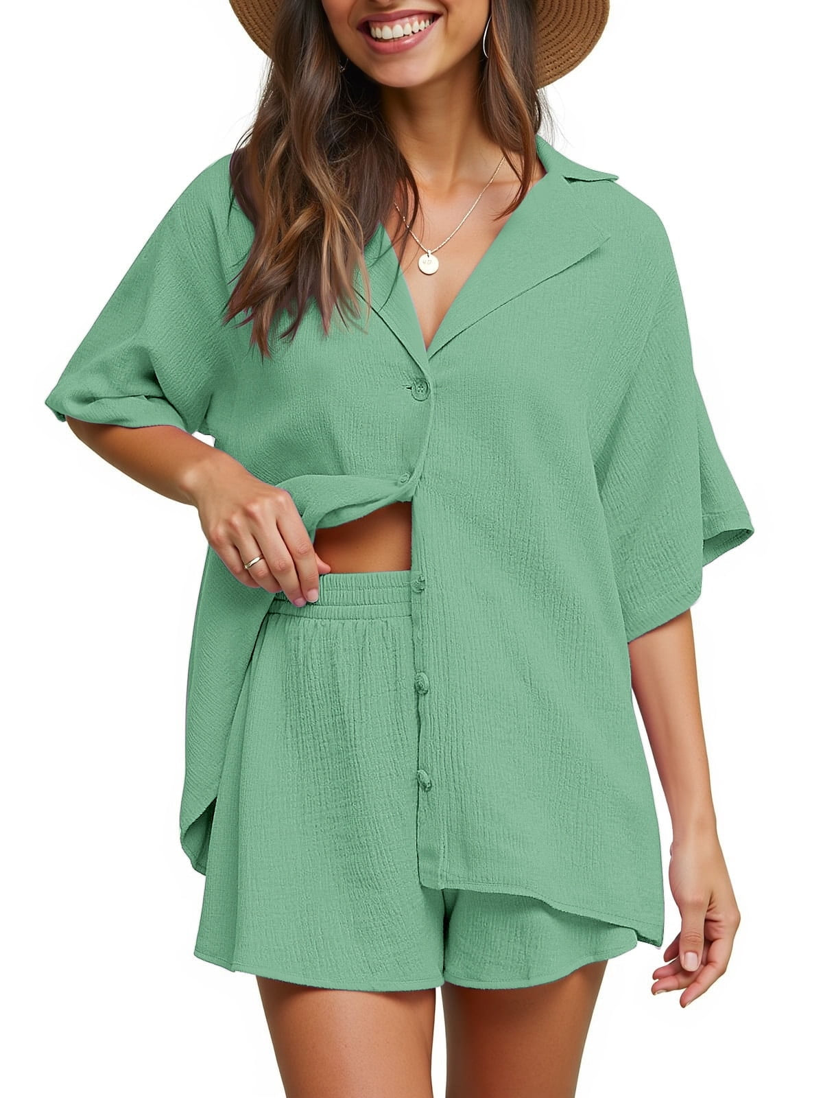 2 Piece Womens Outfit Sets Button down Shirts and Shorts Casual Lounge Sets Short Sleeve Pajamas Sets Summer Loungewear